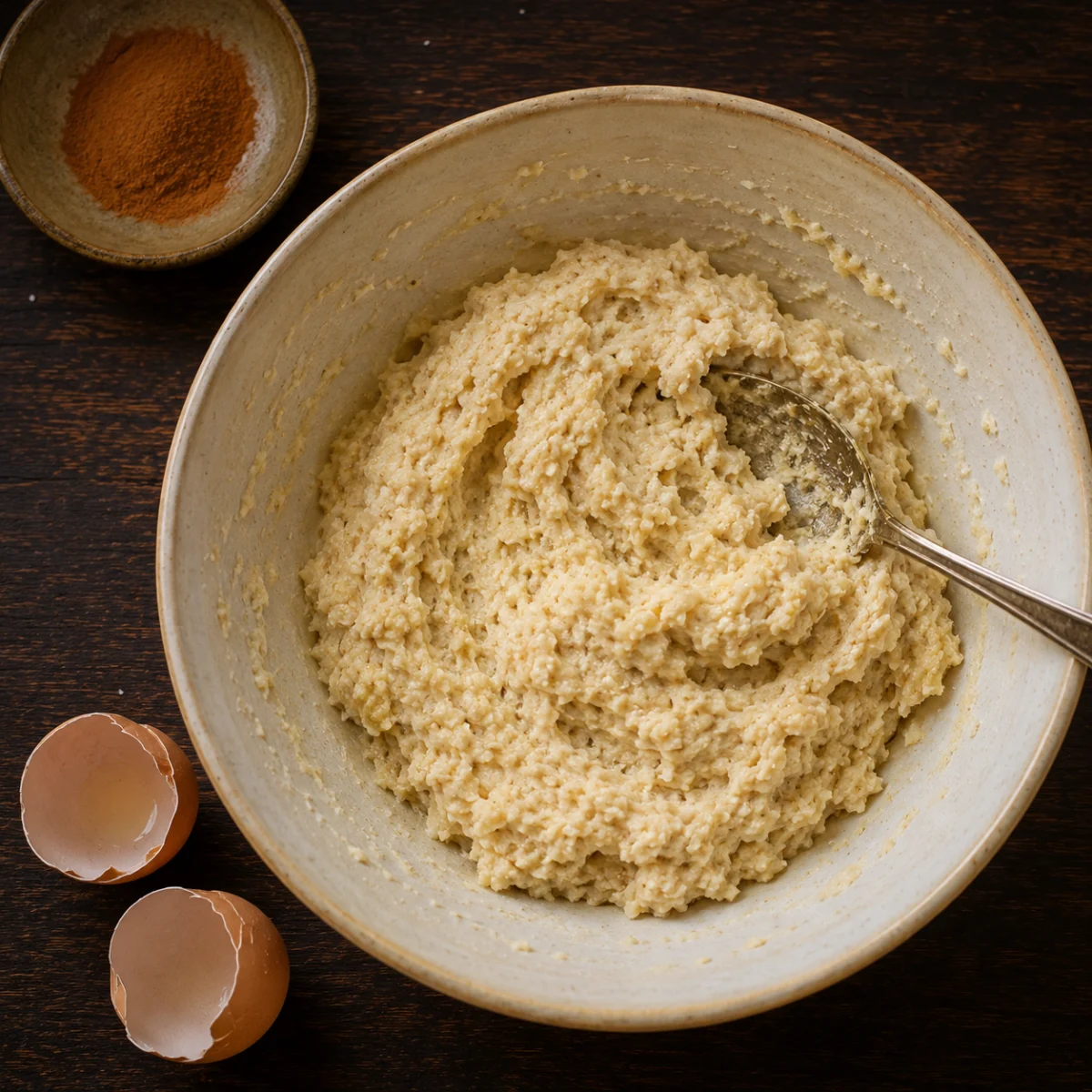 Breadcrumbs mashed with soft cheese, egg and cinnamon into a firm paste