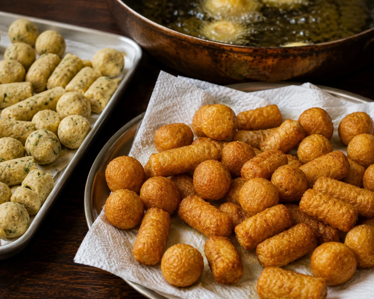 Bread and cheese balls and sticks frying to deep golden in hot oil