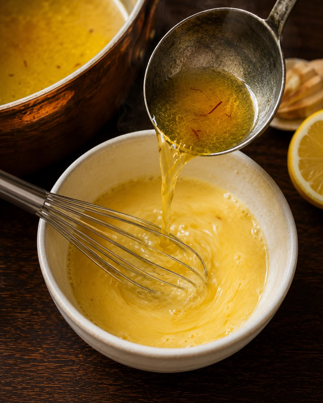 Tempering egg yolk and lemon with hot saffron broth before returning it to the pot