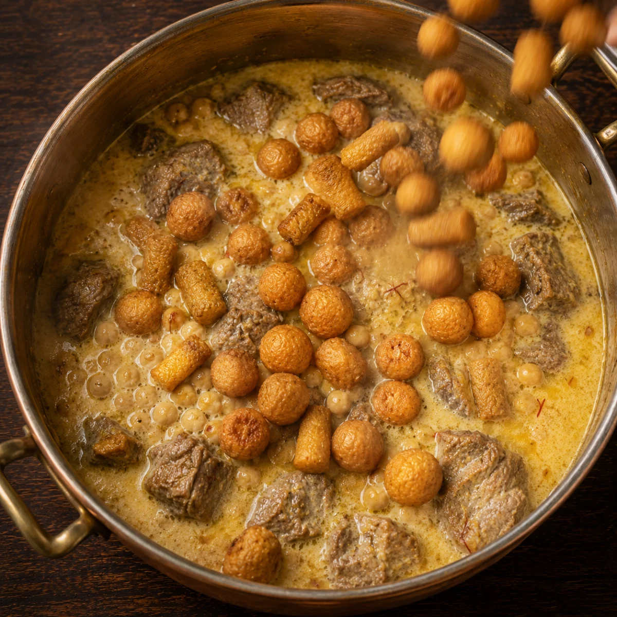 Fried golden pieces added to the sfiria pot and served immediately