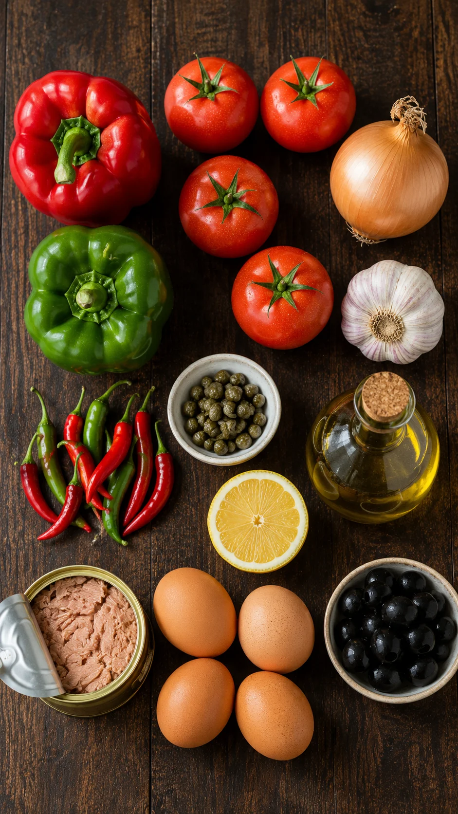 Ingredients for slata mechouia: bell peppers, chillies, tomatoes, onion, garlic, capers, olive oil and tuna