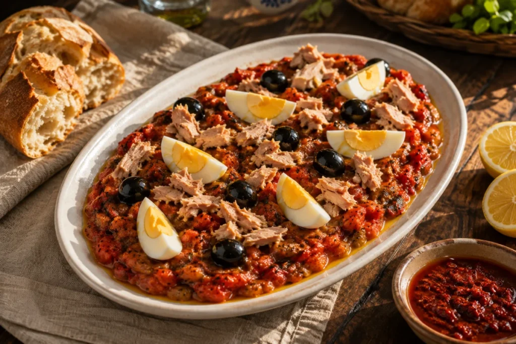 Slata mechouia: Tunisian grilled pepper salad topped with tuna, black olives and quartered eggs