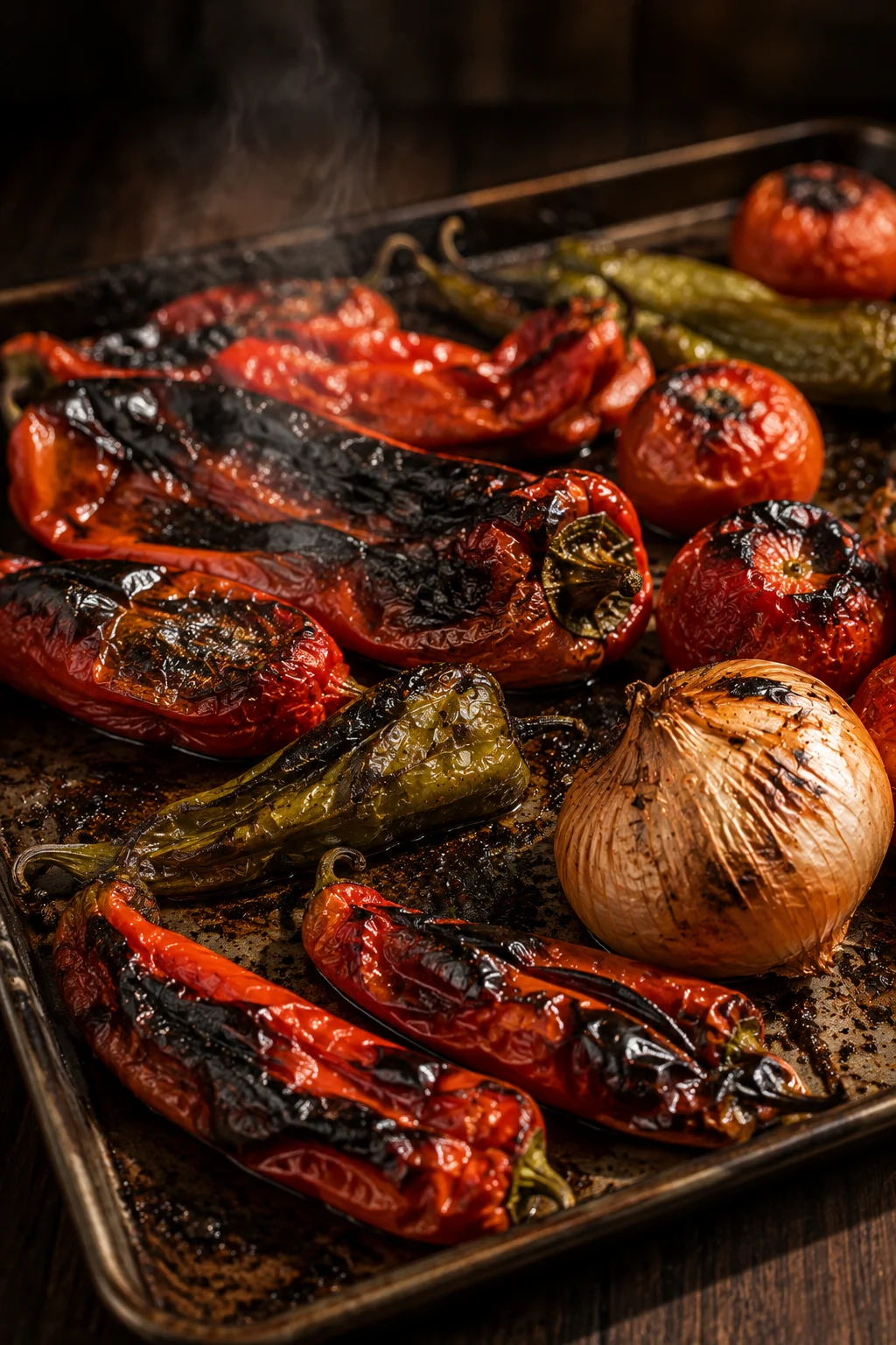 Whole peppers, chillies, tomatoes and onion charring blackened on a roasting tray