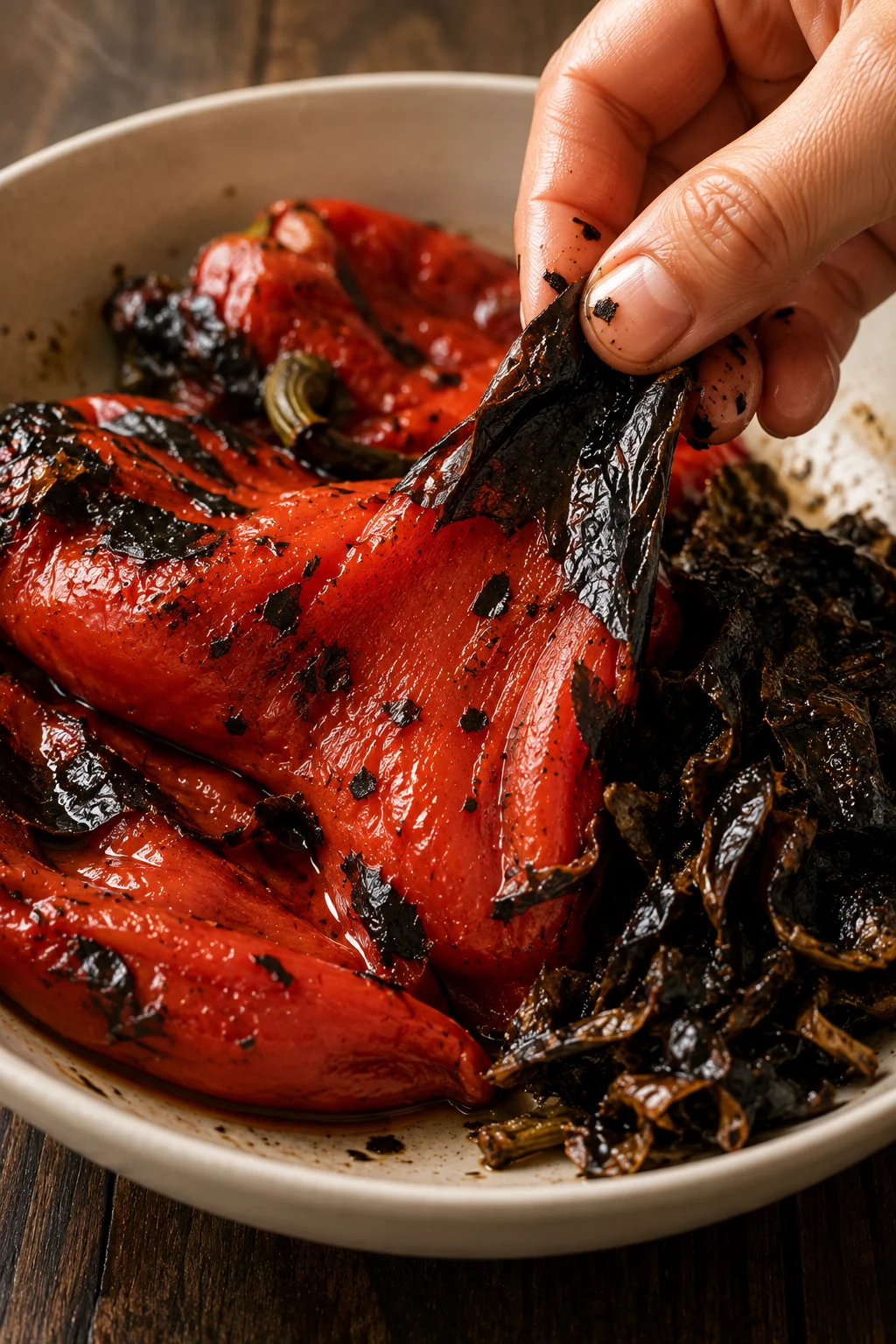 Charred vegetables steaming under a cover before the skins are peeled away by hand