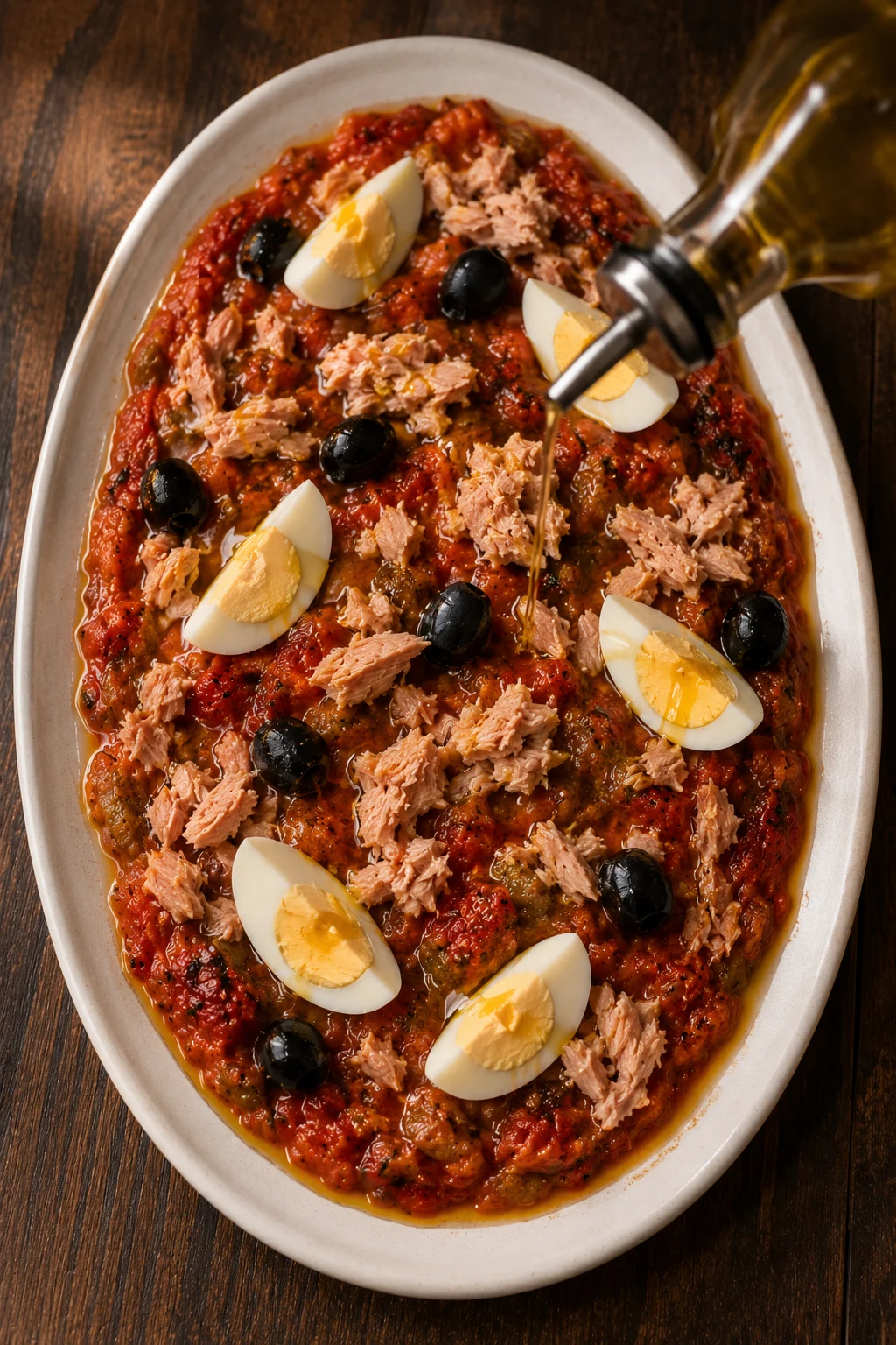 Dressed slata mechouia spread on a platter with tuna, eggs and olives arranged over the top