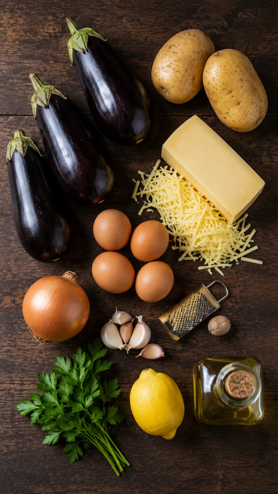 Ingredients for stuffed aubergines: aubergines, potatoes, Gruyere, eggs, onion, garlic and nutmeg