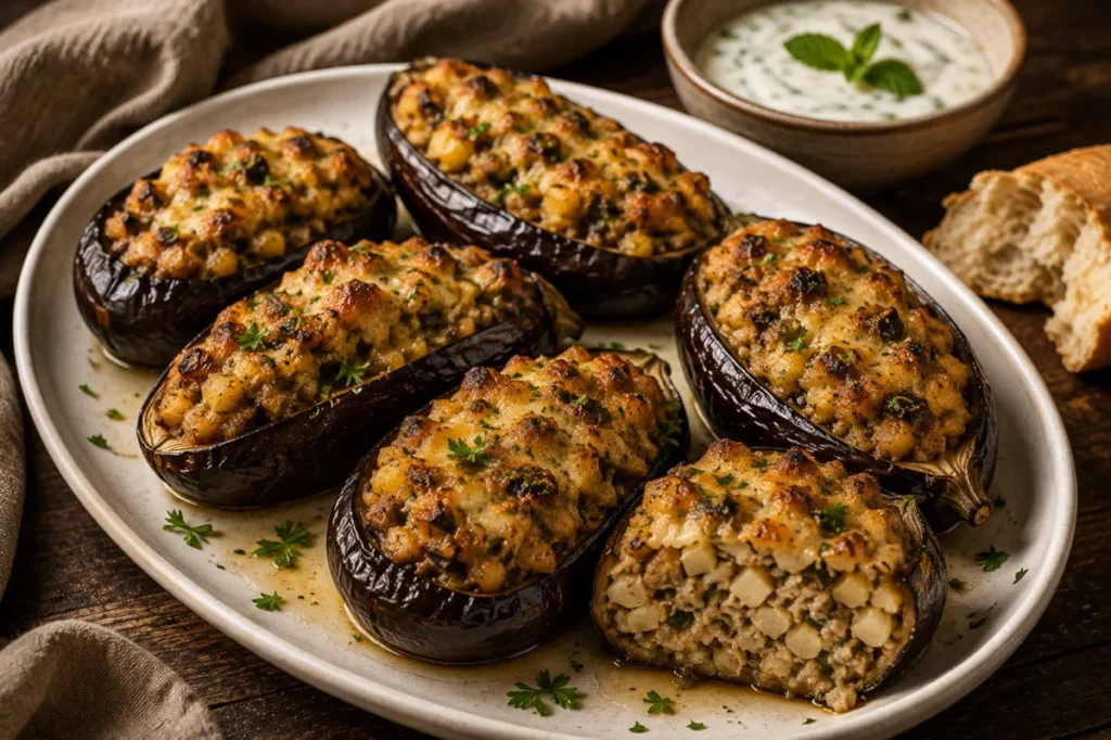 Stuffed aubergines filled with golden potato, egg and Gruyere baked to a bubbling crust
