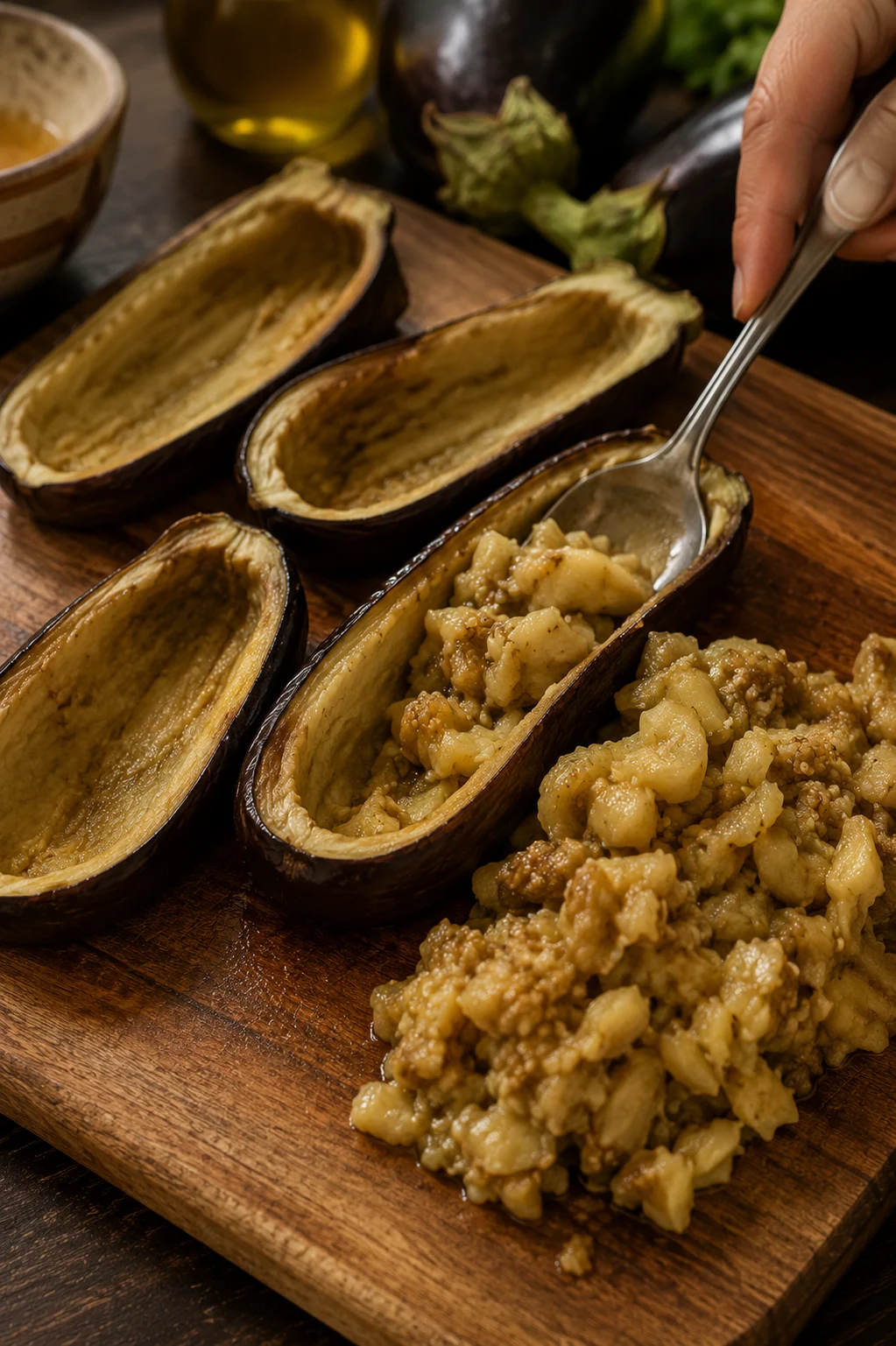 Halved aubergines scooped into thick shells and salted face down on paper towel
