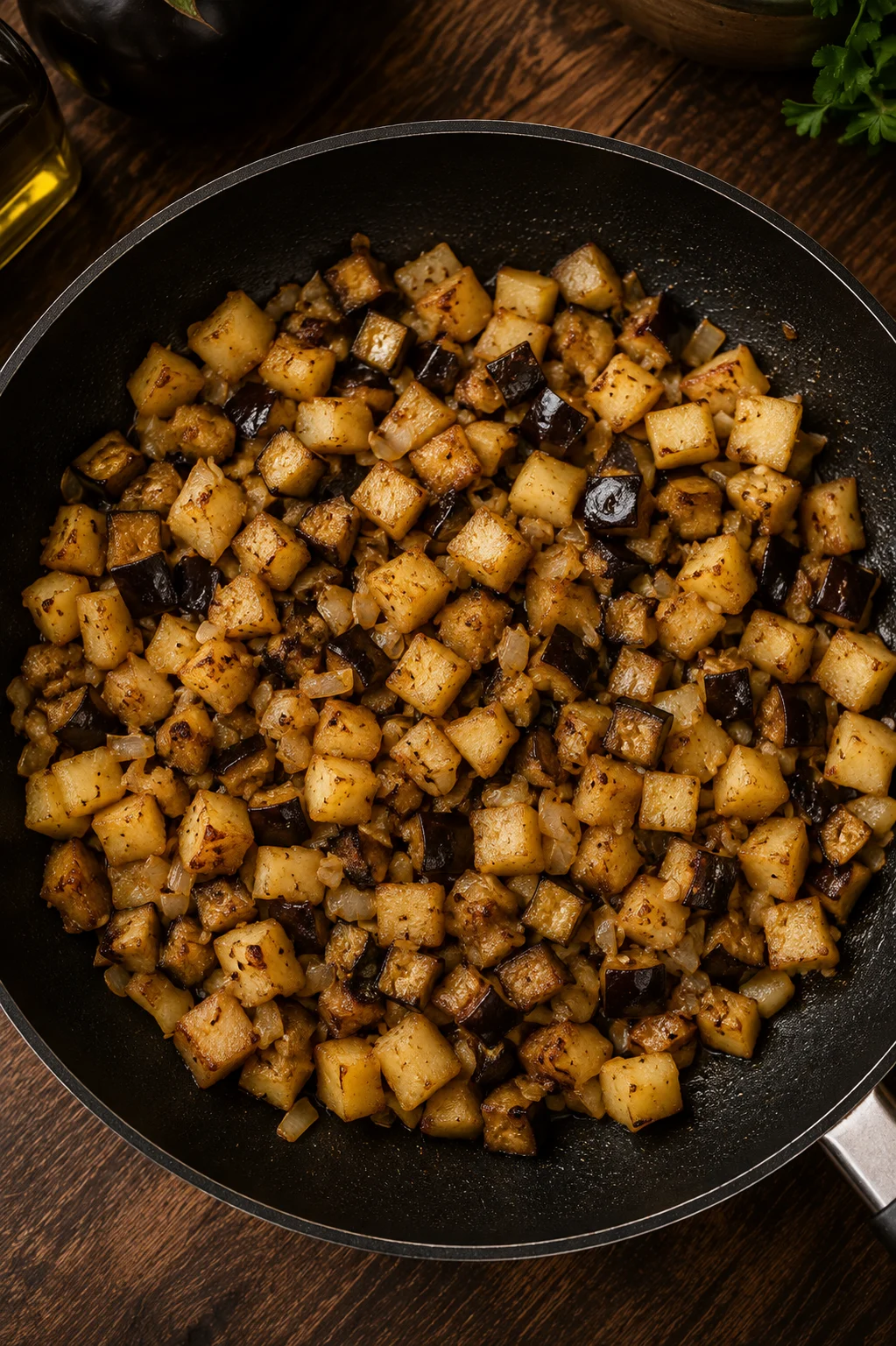 Potato cubes and chopped aubergine flesh cooking golden in a pan with onion and garlic