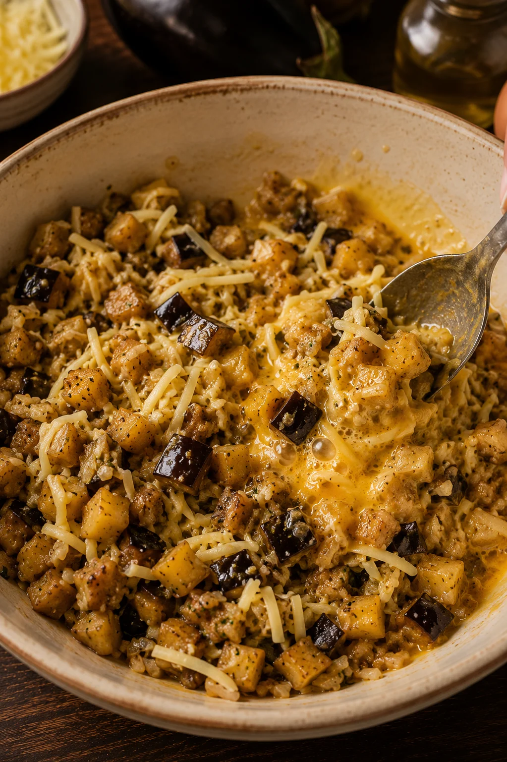 Beaten egg and grated Gruyere stirred through the cooled potato and aubergine filling