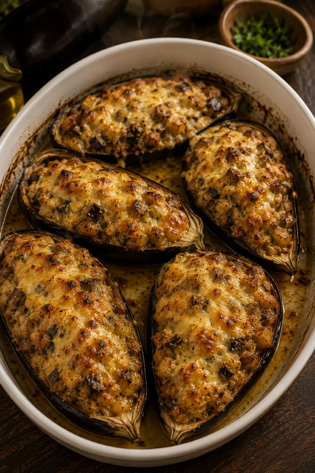Filled aubergine shells baked until the tops are deep golden and set