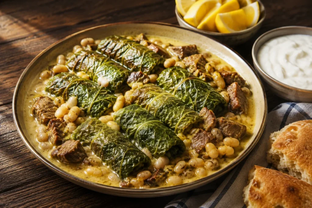Stuffed chard leaves rolled around lamb and rice, simmered in saffron broth with white beans