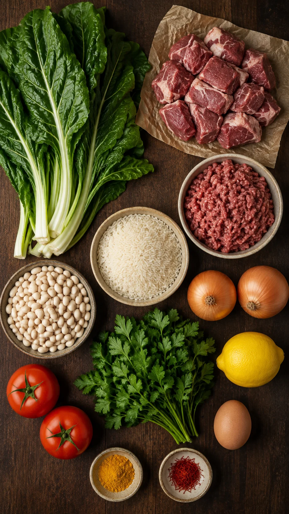Ingredients for dolma silq: chard leaves, lamb, rice, white beans, tomatoes, saffron, parsley and lemon