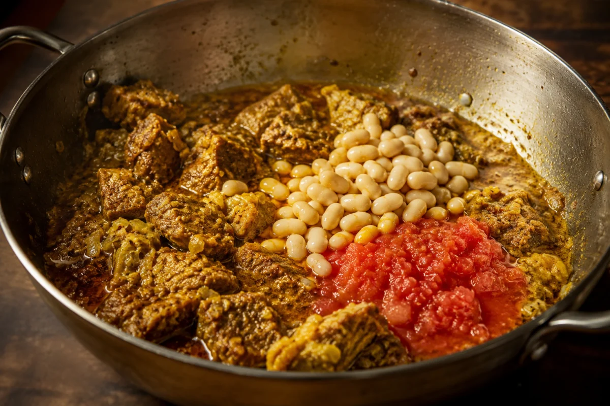 Lamb chunks browning with grated onion, tomato and white beans in a large pot