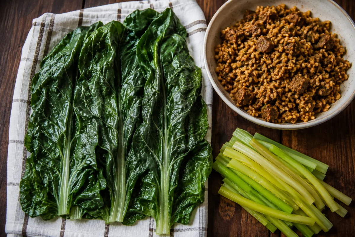 Chard leaves blanched for one minute and laid flat to drain beside the rice filling