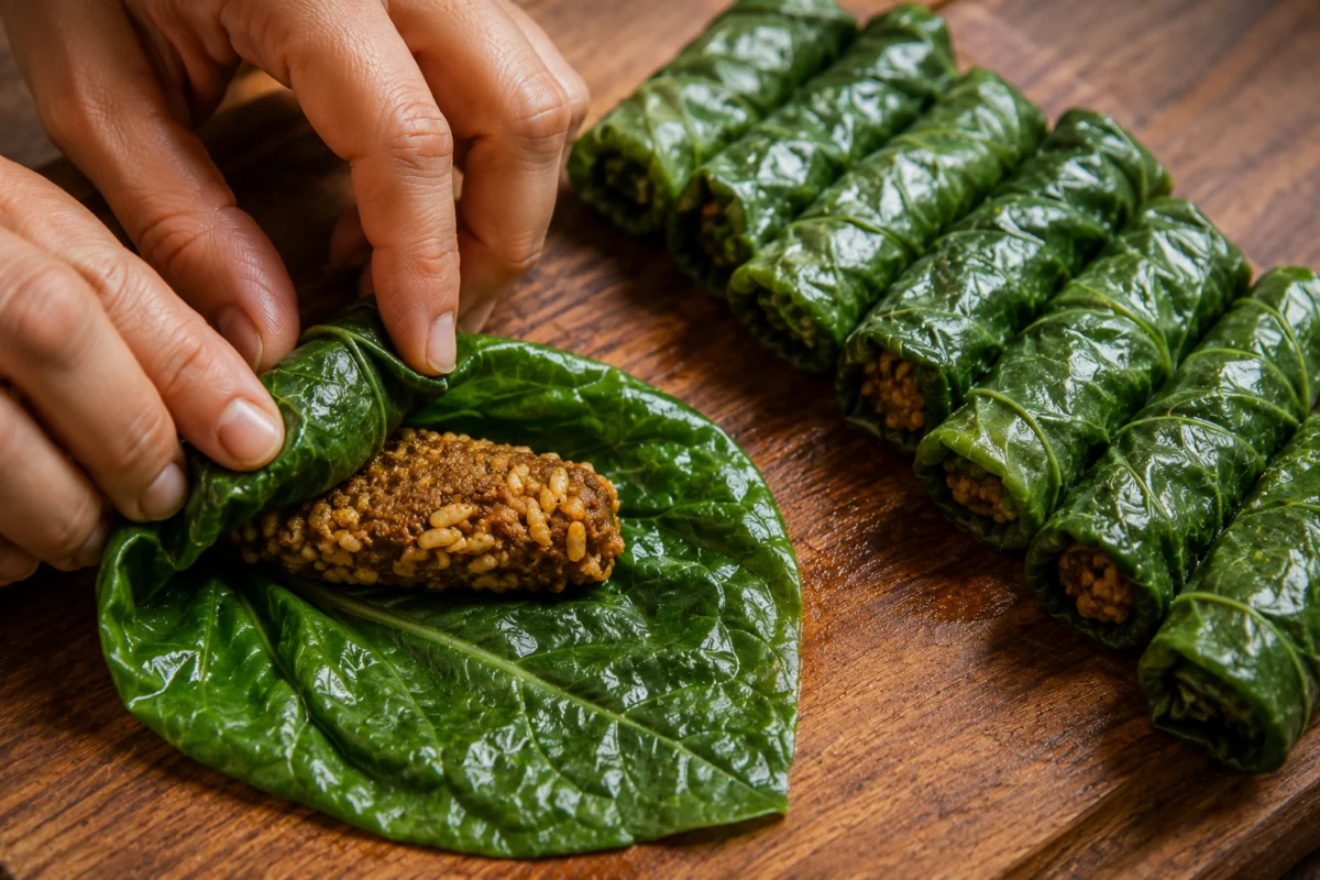 Rolling a chard leaf around a log of spiced lamb and rice filling on a board