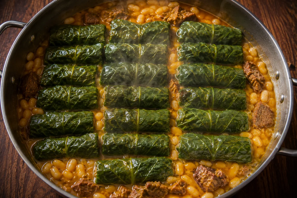 Chard rolls packed seam side down in tight rows over the braised lamb