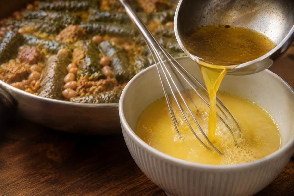 Tempered egg yolk and lemon stirred into the pot turning the broth pale and glossy