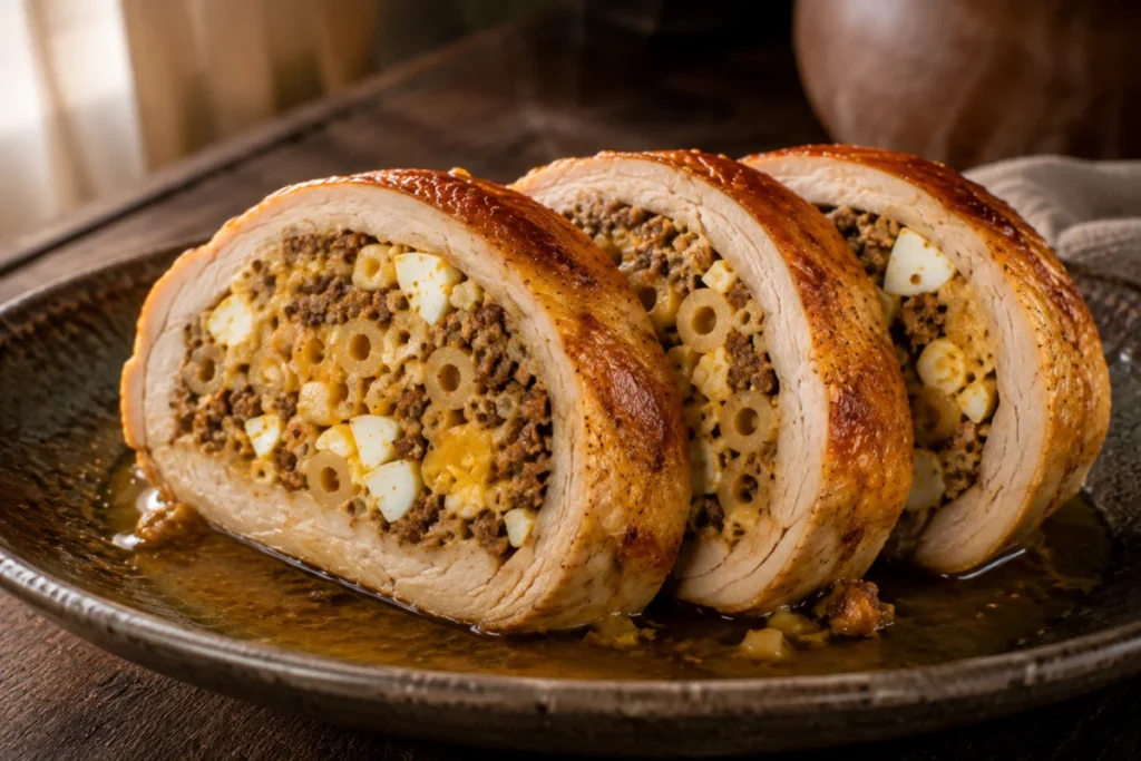 Stuffed whole chicken roasted golden and sliced to show beef, pasta and cheese filling