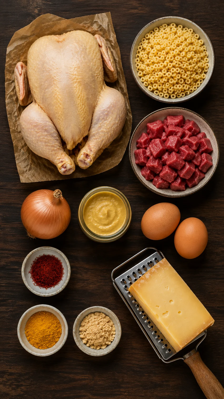Ingredients for stuffed whole chicken: boned chicken, beef, small pasta, Gruyere, eggs, saffron and mustard