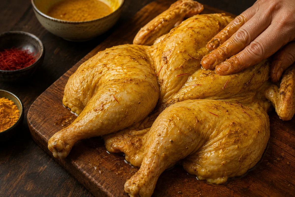 Boned chicken rubbed inside and out with saffron, turmeric and ginger marinade