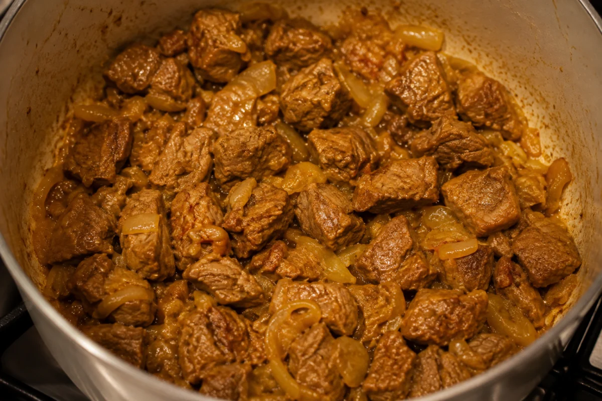 Beef simmering with onion and saffron until the pan is nearly dry