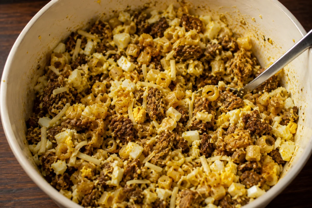 Cooked beef mixed with pasta, grated Gruyere, chopped boiled egg and beaten egg