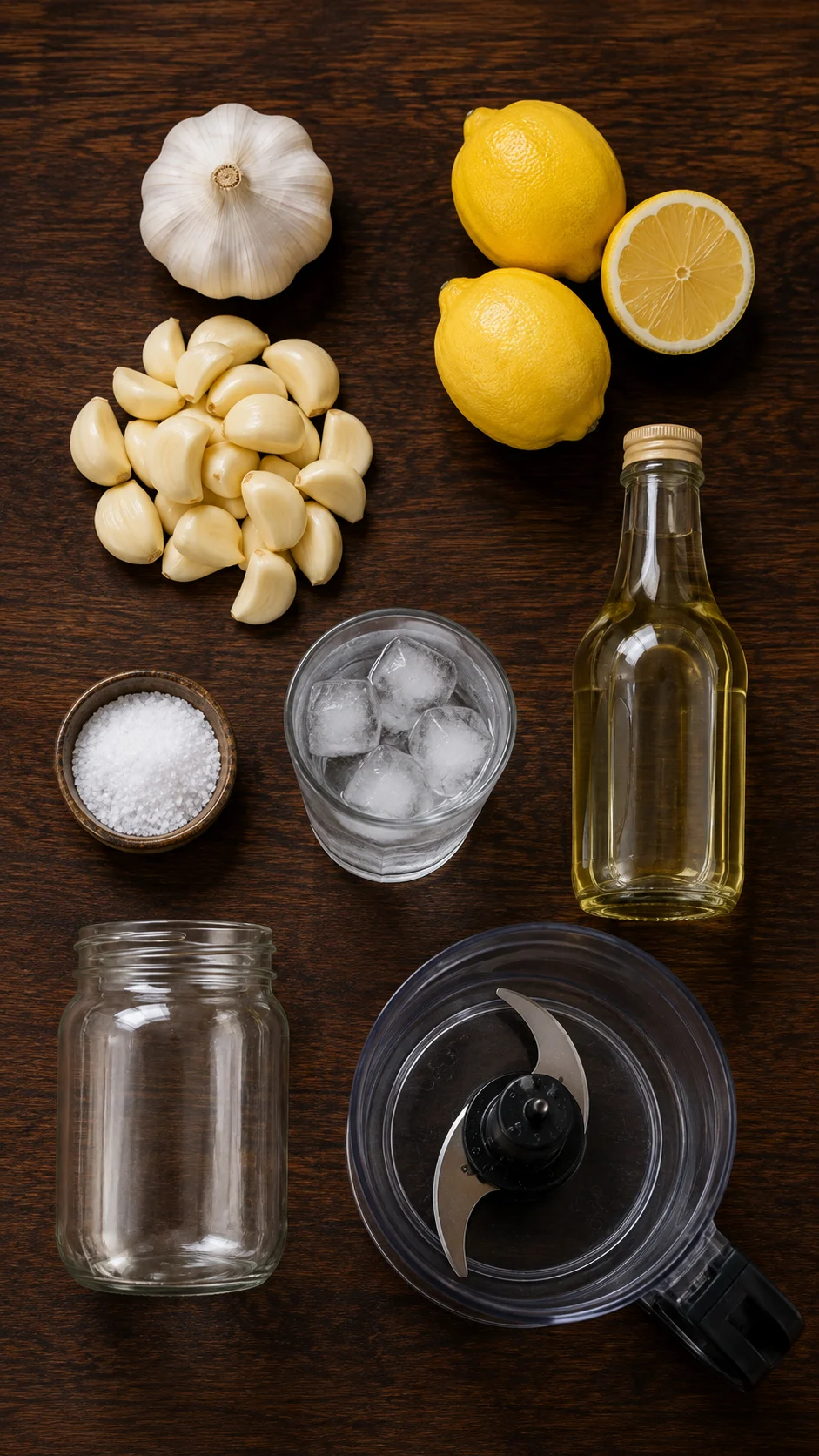 Ingredients for toum: peeled garlic cloves, neutral oil, lemons and salt