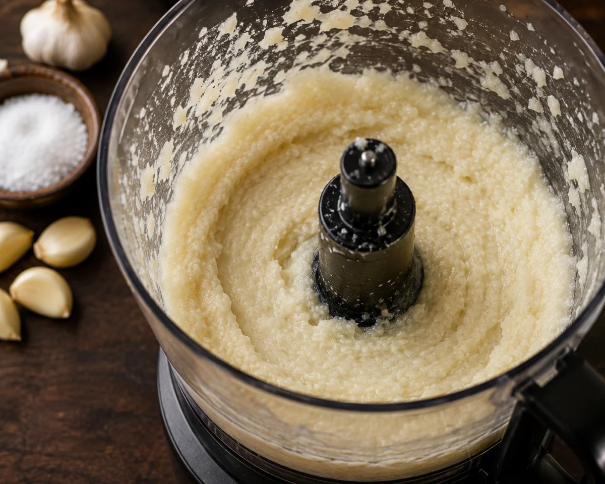Garlic and salt processed to a smooth wet paste with the sides scraped down