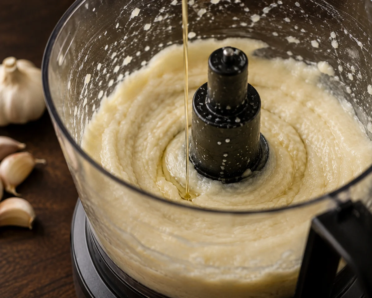 Oil added to the garlic paste in the thinnest possible thread as the mixture lightens