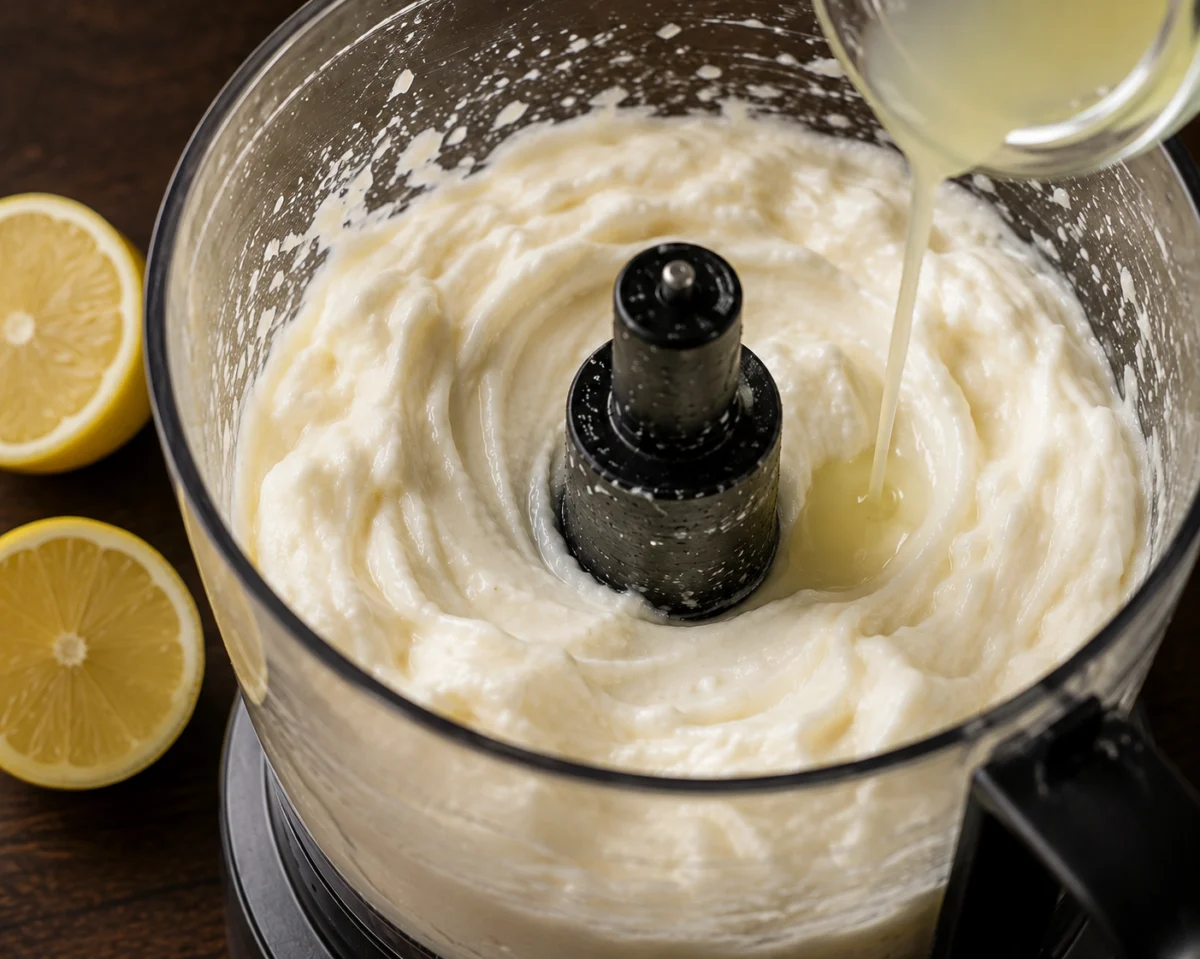 Lemon juice alternated with oil as the toum turns white and thick