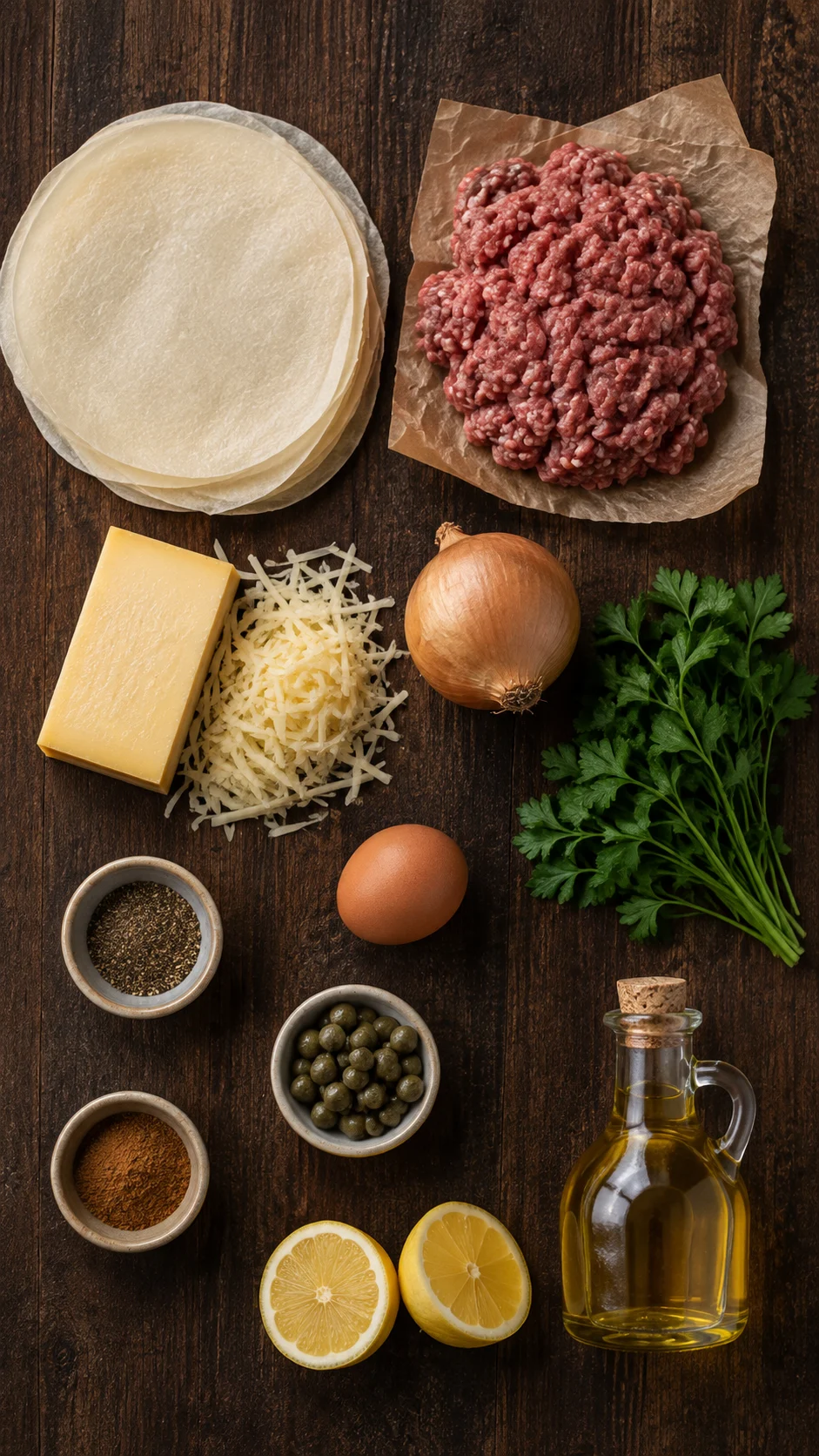Ingredients for Tunisian brik: malsouka pastry, ground beef, onion, parsley, Gruyere, egg and cinnamon