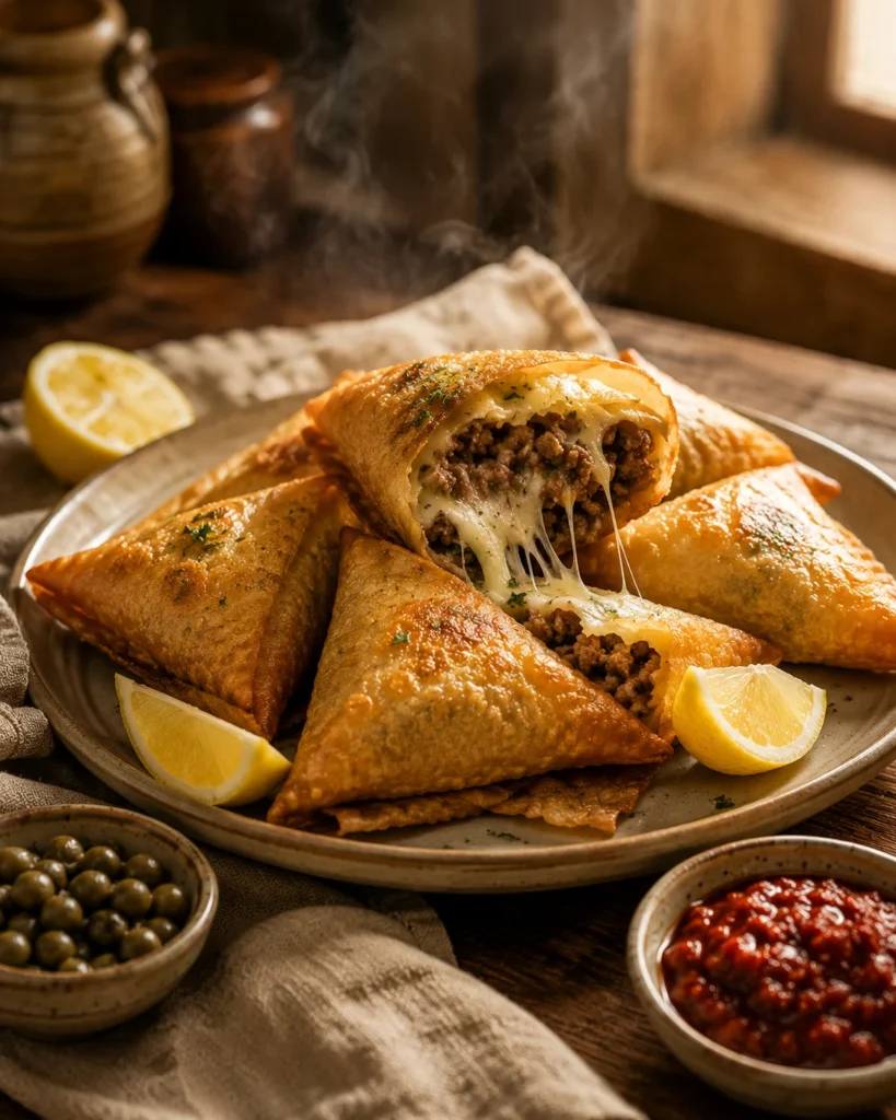 Tunisian brik: golden fried pastry triangles filled with spiced meat and melting cheese with lemon wedges