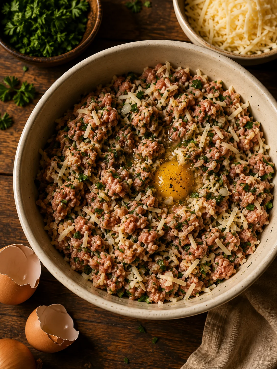 Mixing raw spiced beef with onion, parsley, egg and grated Gruyere for the brik filling