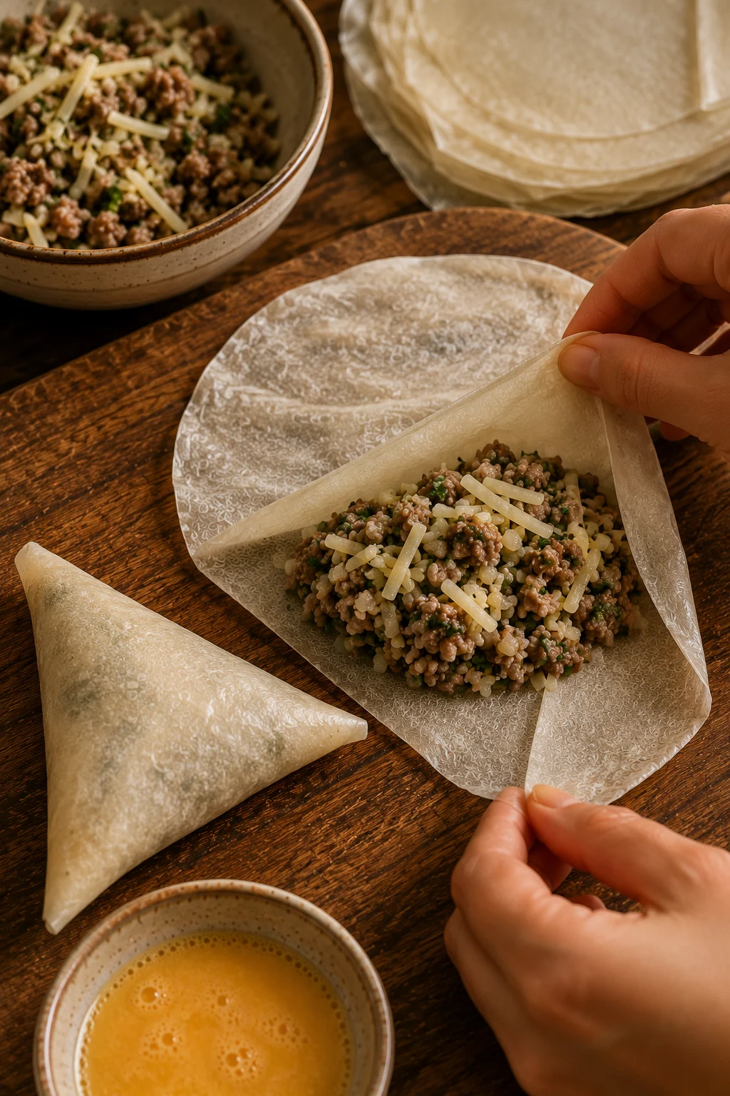 Folding malsouka pastry over the filling into a sealed triangle parcel