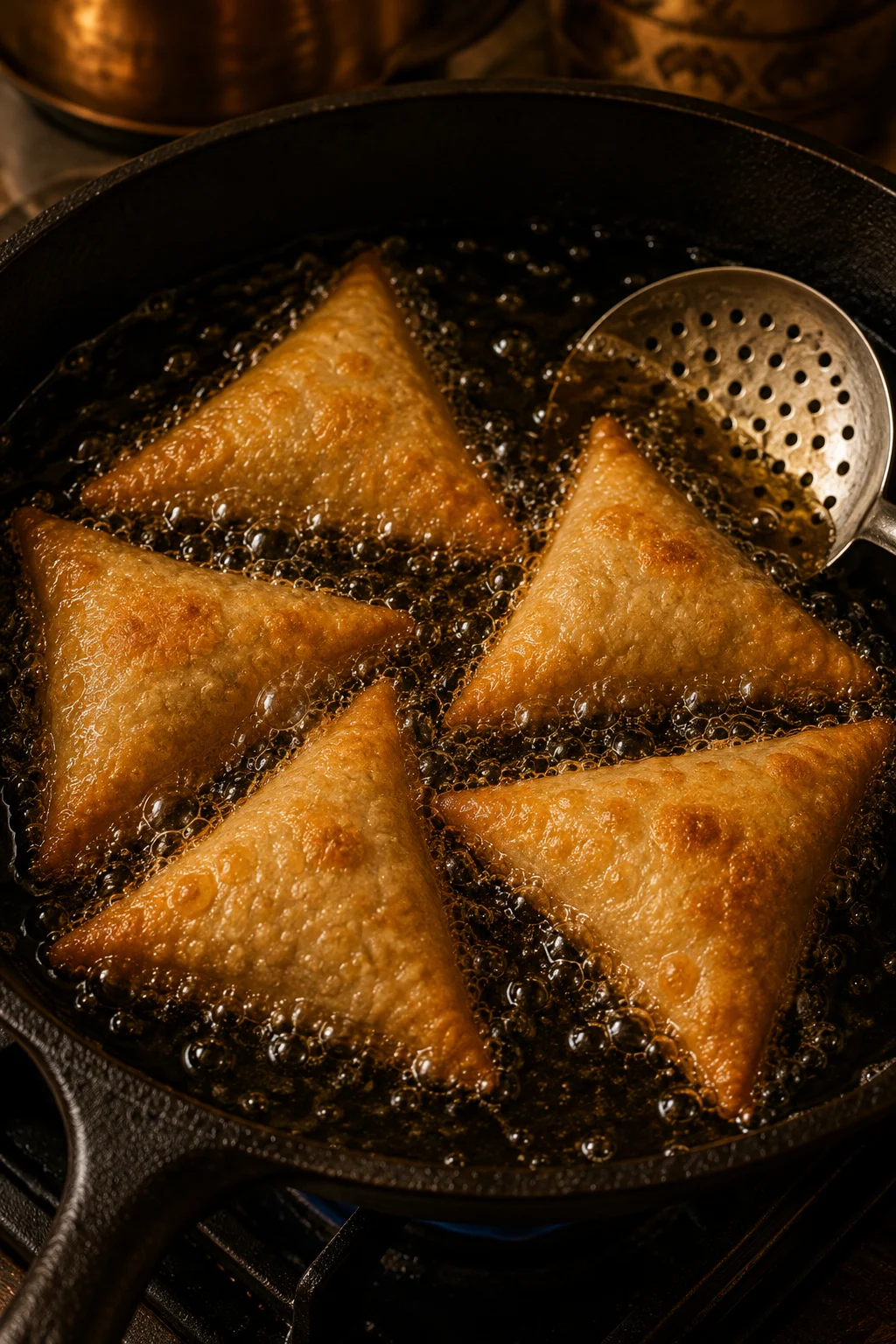 Brik triangles frying in hot oil until blistered and deeply golden