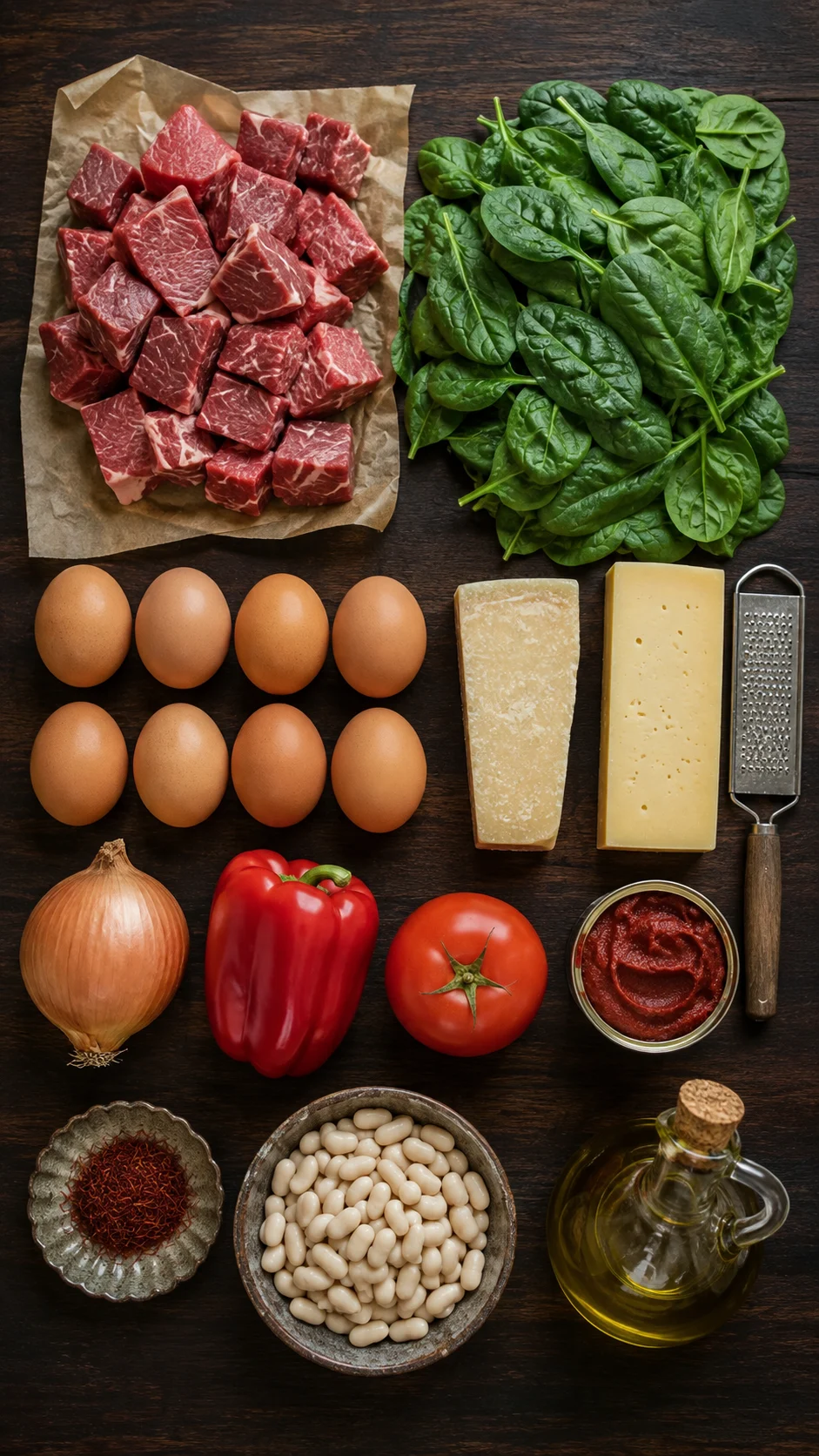Ingredients for Tunisian tajine: beef, spinach, eggs, parmesan, Gruyere, saffron, turmeric and white beans