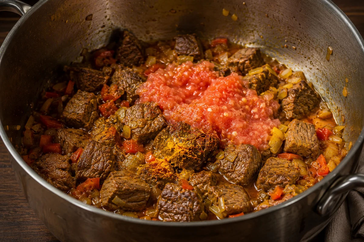 Browning saffron and turmeric seasoned beef with onion and tomato until the pan is dry