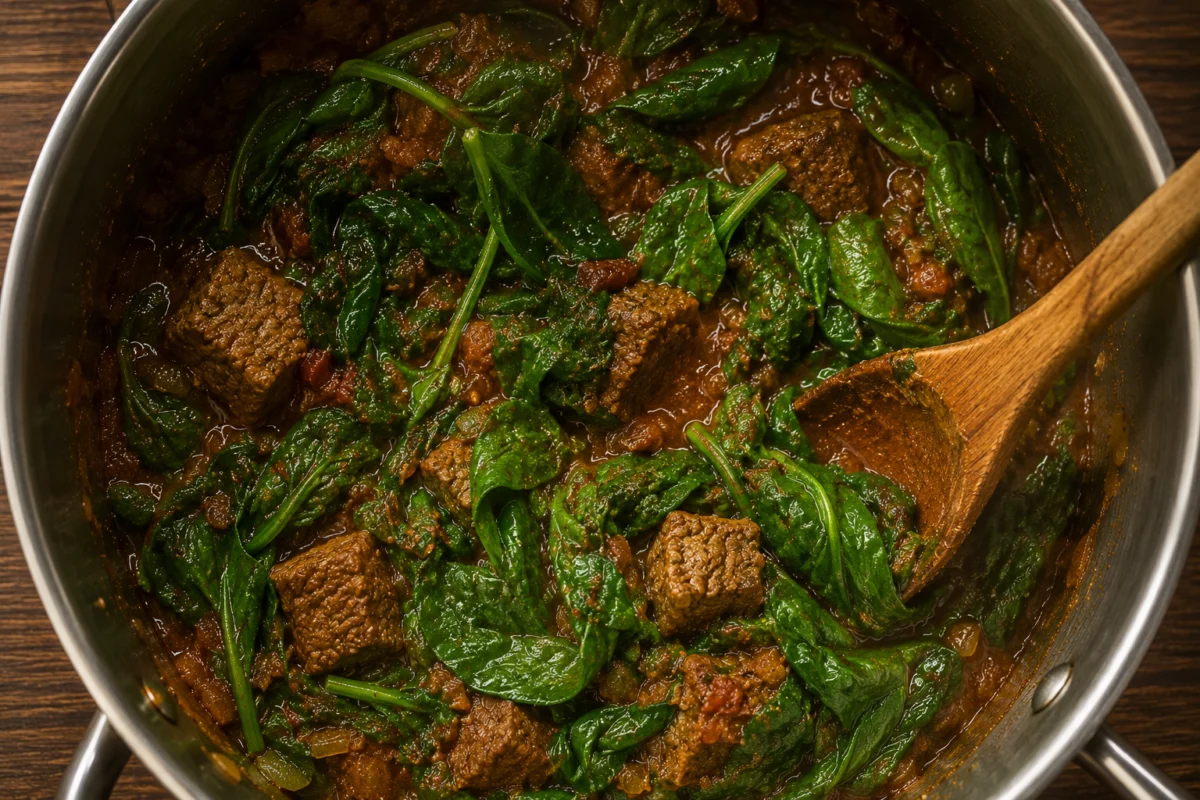 Wilting spinach into the beef mixture until all liquid has evaporated