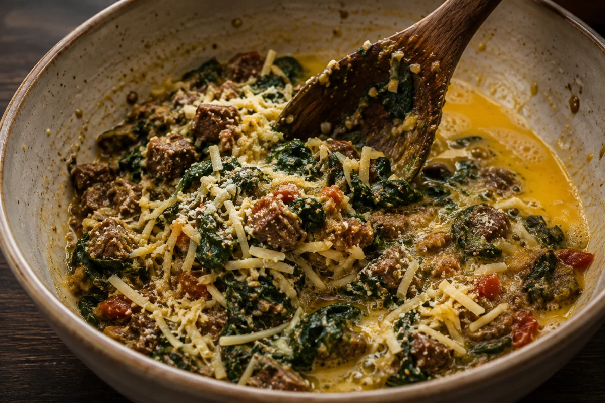 Stirring beaten eggs, parmesan and Gruyere into the cooled spinach and beef filling