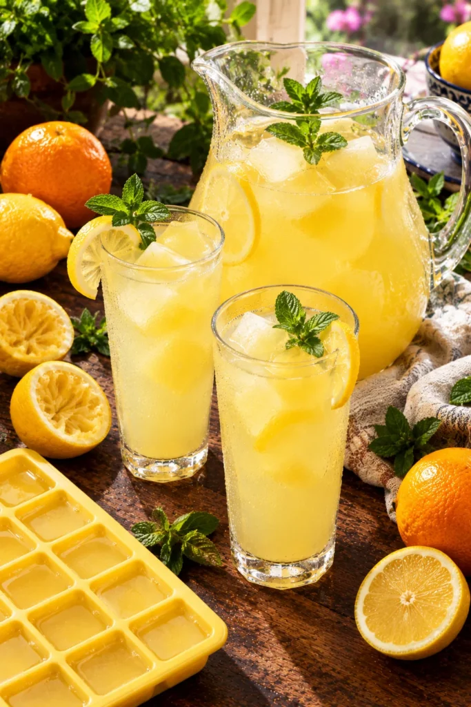 Citronnade served in a jug and tall glasses with frozen lemon cubes, mint and lemon slices, an ice cube tray alongside