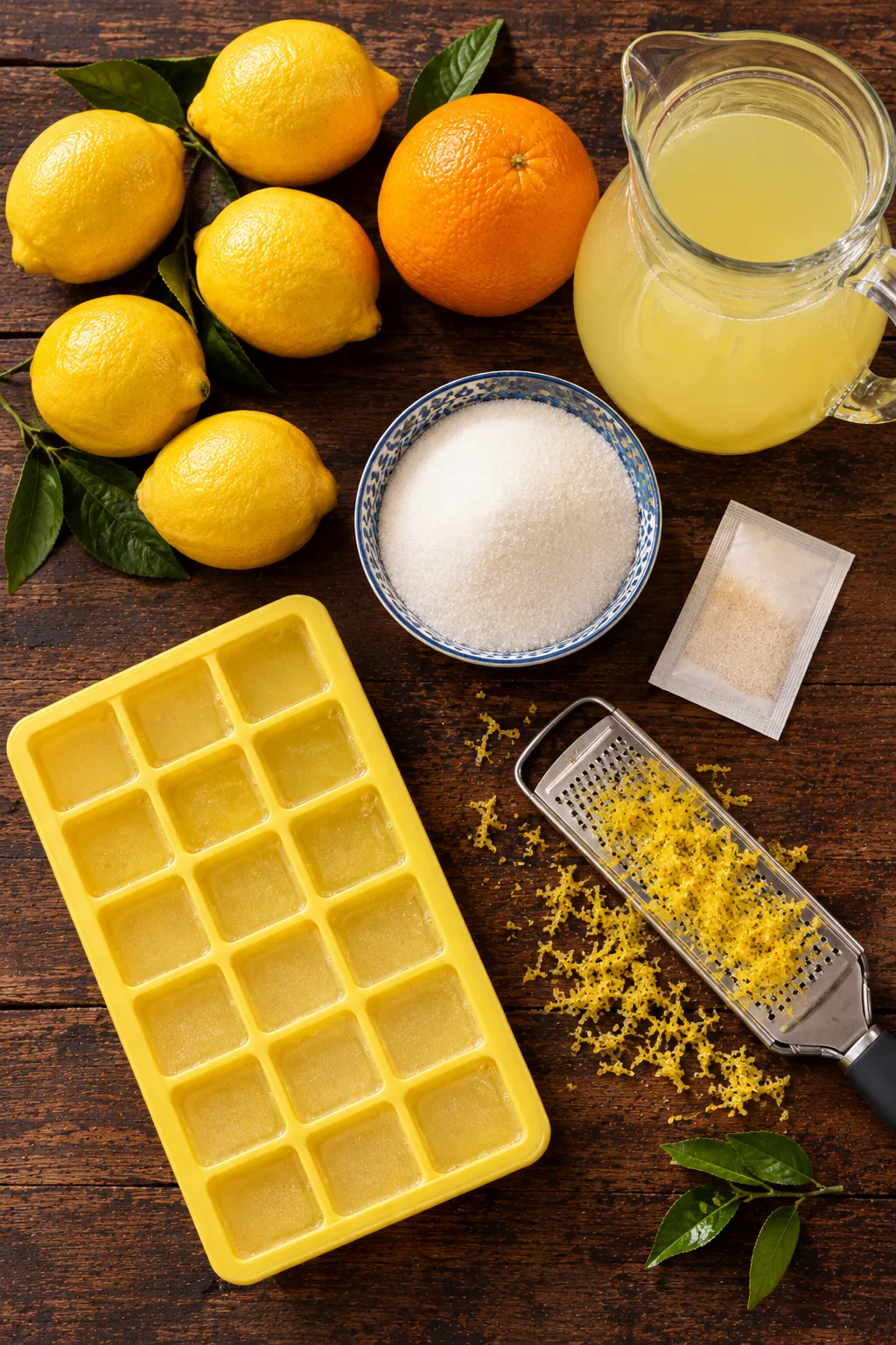 Ingredients for citronnade: lemons, an orange, granulated sugar, vanilla sugar, a grater with fresh lemon zest, a jug of juice and an ice cube tray