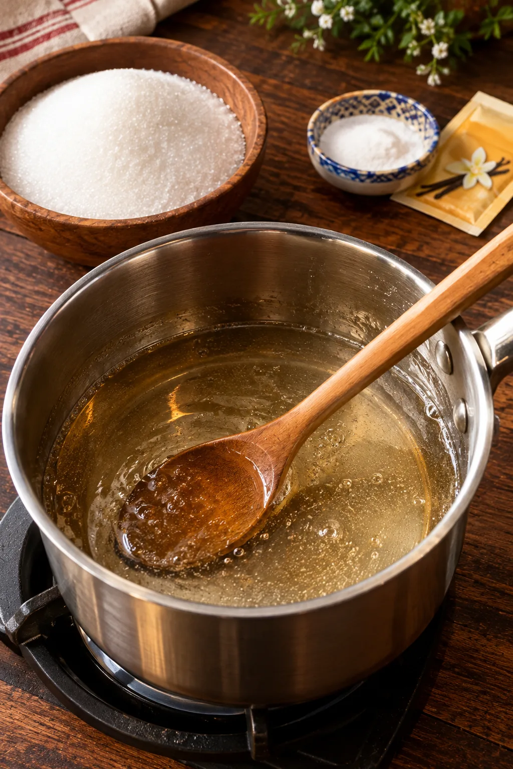Water, sugar and vanilla sugar stirred in a saucepan until the sugar dissolves into a clear simple syrup