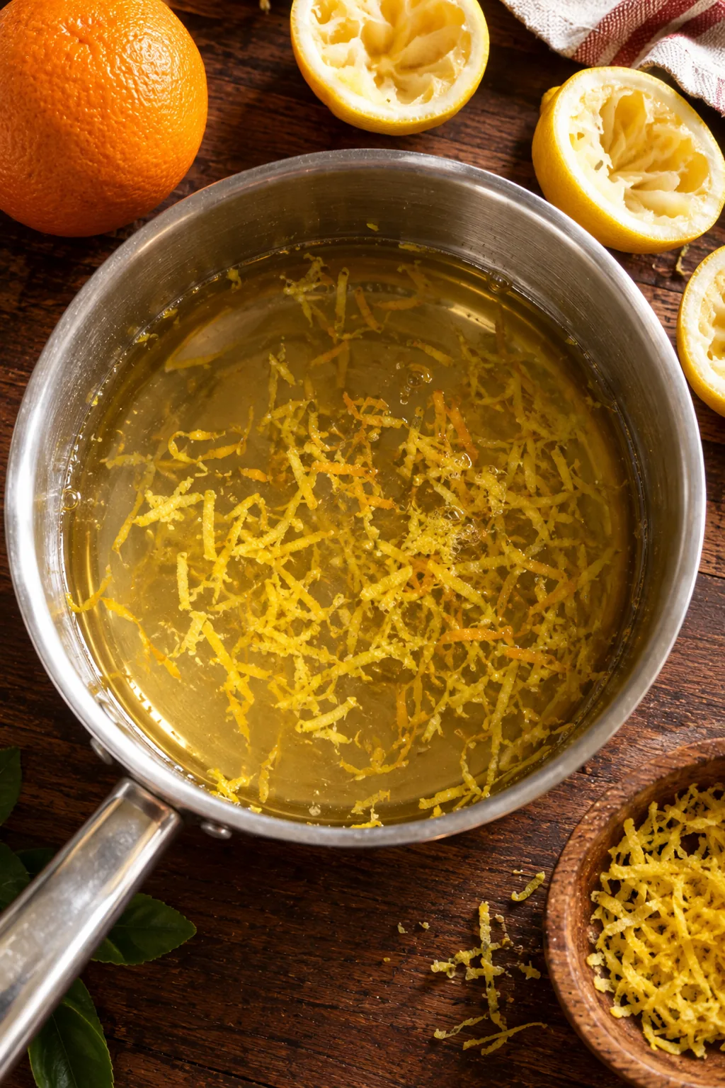 Lemon zest, lemon juice and orange juice stirred into the syrup off the heat and left to infuse