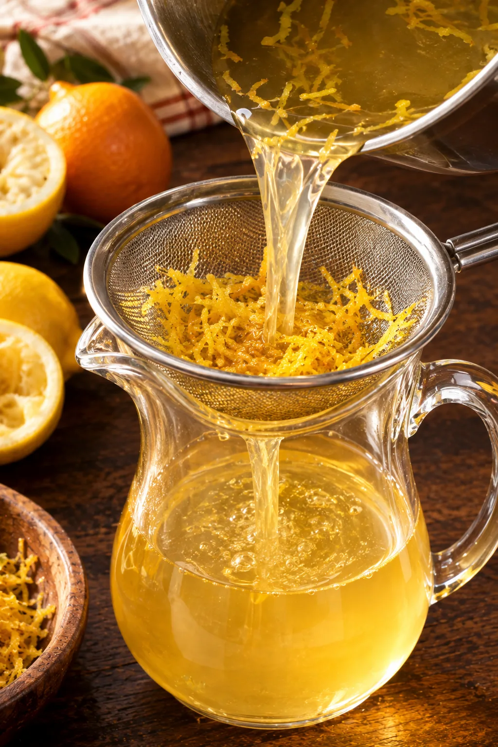 The infused concentrate poured through a fine sieve into a jug, catching the lemon zest