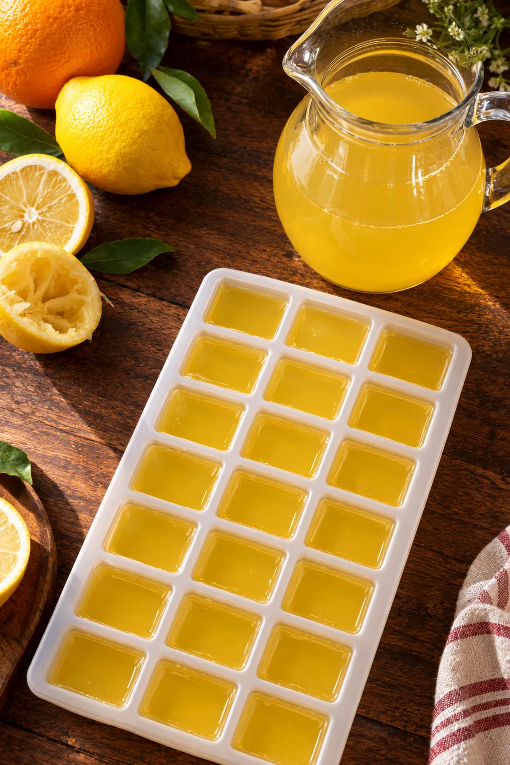 The strained lemon concentrate poured into ice cube trays ready to freeze overnight