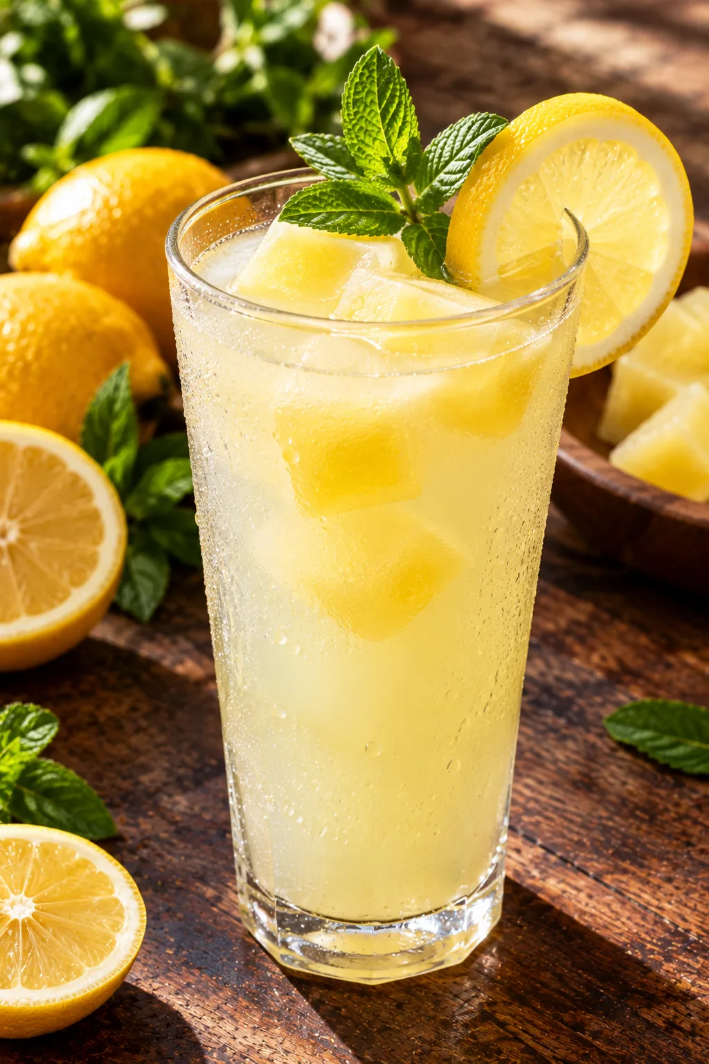 Frozen citronnade cubes dropped into a jug of cold water with mint and lemon slices