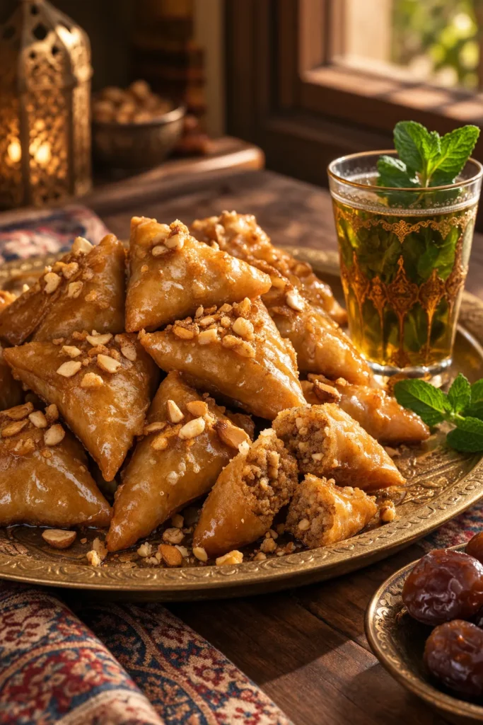 Moroccan briouates aux amandes: golden fried almond triangles glossy with honey and scattered with chopped almonds, served on a brass tray with mint tea