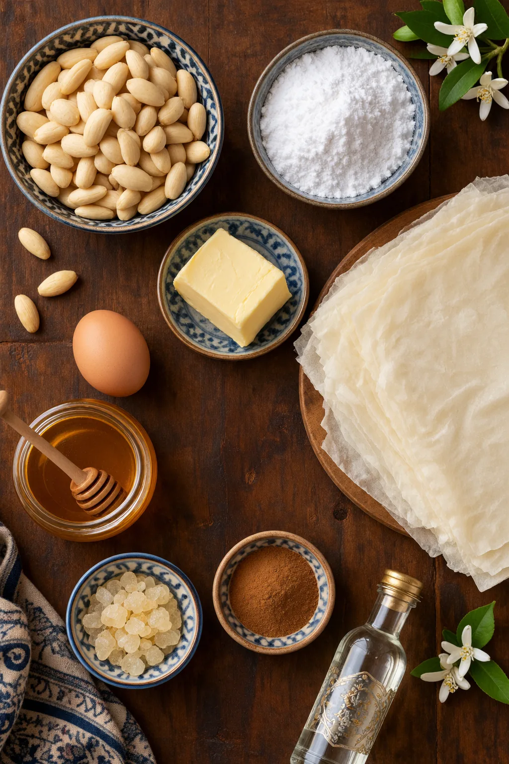 Ingredients for briouates: blanched almonds, icing sugar, butter, egg, honey, mastic crystals, cinnamon, orange blossom water and warqa pastry sheets