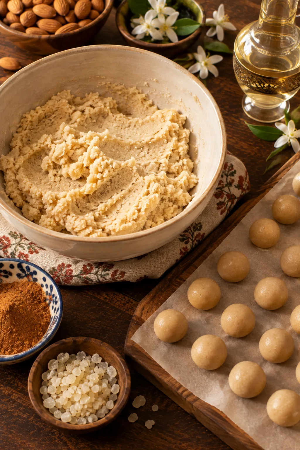 Almond paste ground with icing sugar, cinnamon and mastic, worked by hand and rolled into small balls